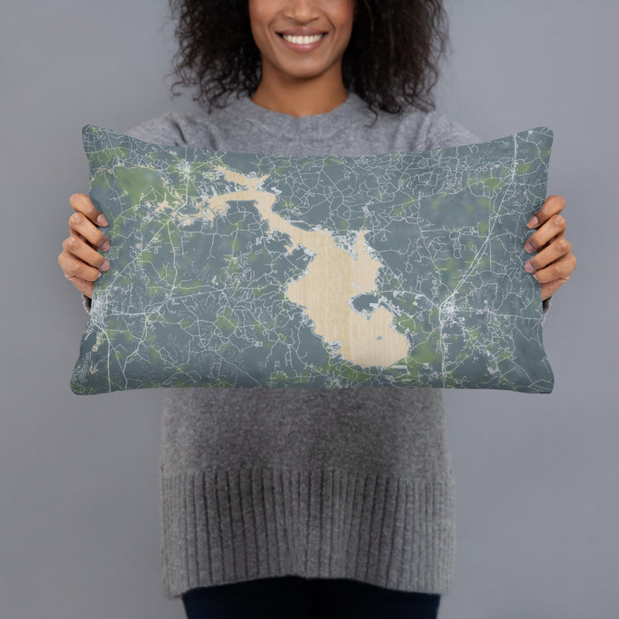 Person holding 20x12 Custom Lake Livingston Texas Map Throw Pillow in Afternoon