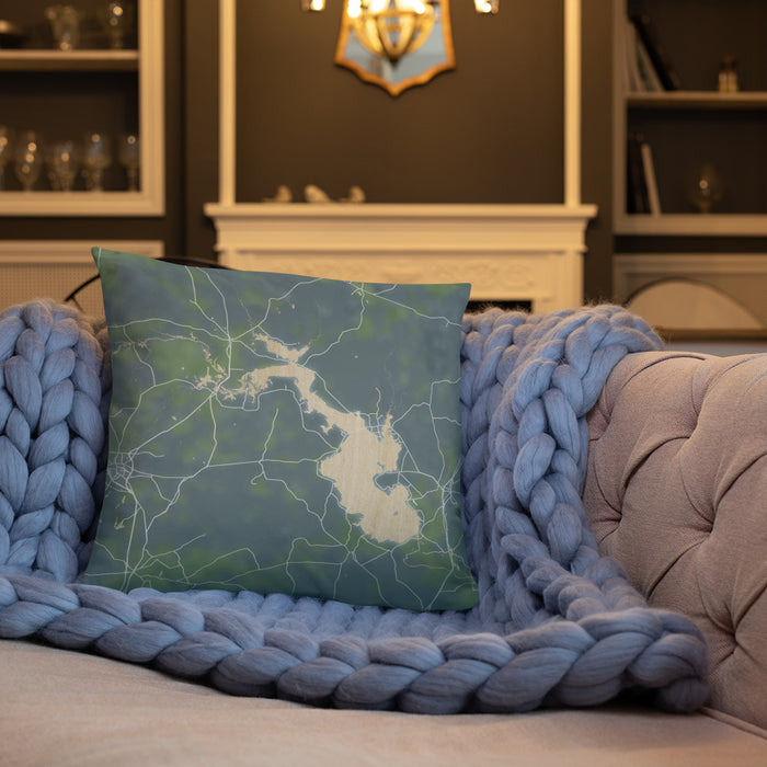 Custom Lake Livingston Texas Map Throw Pillow in Afternoon on Cream Colored Couch