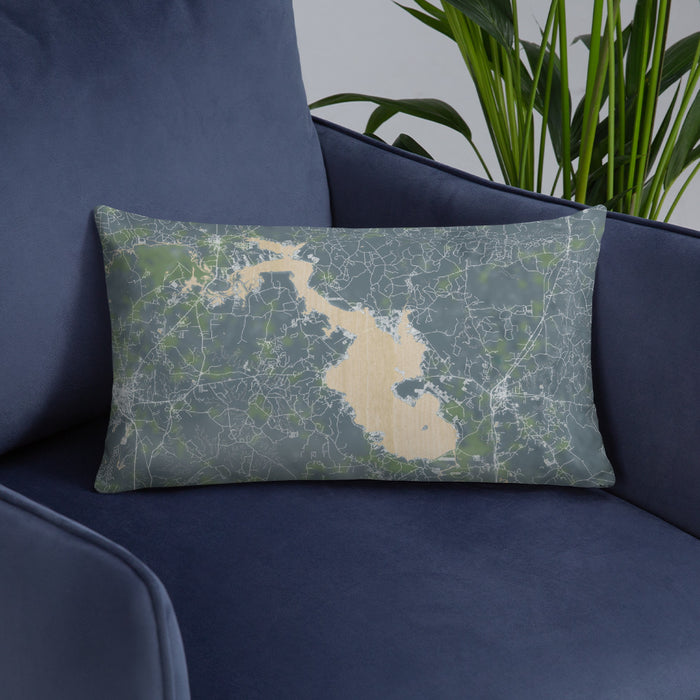 Custom Lake Livingston Texas Map Throw Pillow in Afternoon on Blue Colored Chair