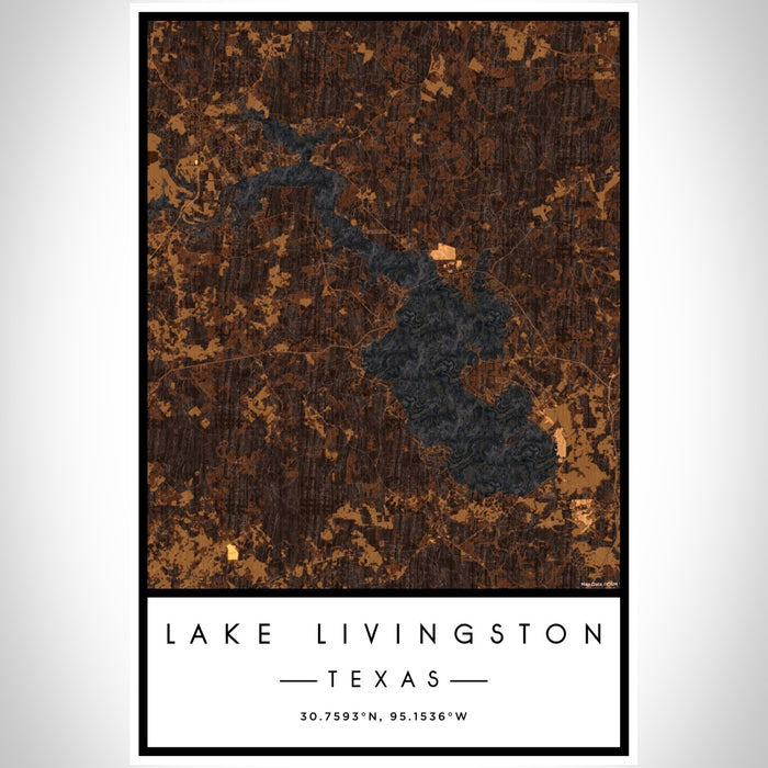 Lake Livingston Texas Map Print Portrait Orientation in Ember Style With Shaded Background