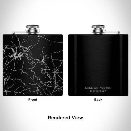 Rendered View of Lake Livingston Texas Map Engraving on 6oz Stainless Steel Flask in Black