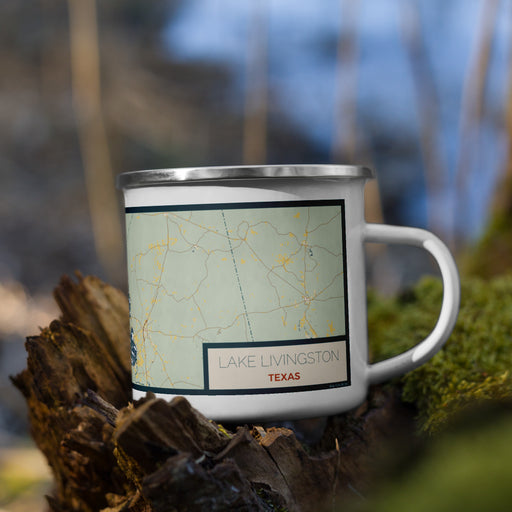 Right View Custom Lake Livingston Texas Map Enamel Mug in Woodblock on Grass With Trees in Background