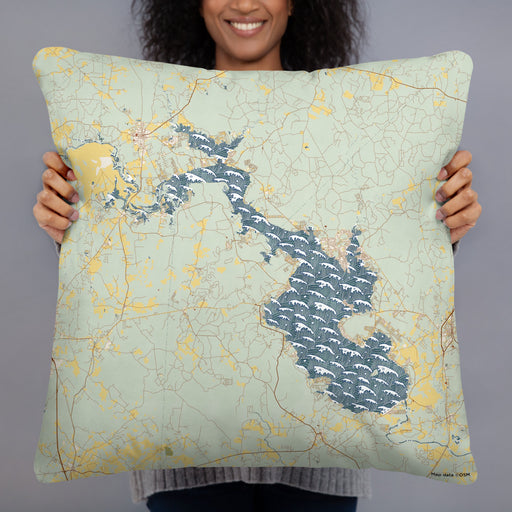 Person holding 22x22 Custom Lake Livingston Texas Map Throw Pillow in Woodblock