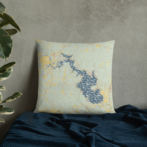 Custom Lake Livingston Texas Map Throw Pillow in Woodblock on Bedding Against Wall