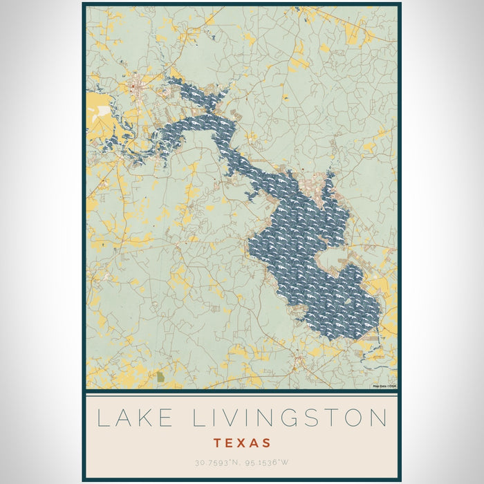 Lake Livingston Texas Map Print Portrait Orientation in Woodblock Style With Shaded Background