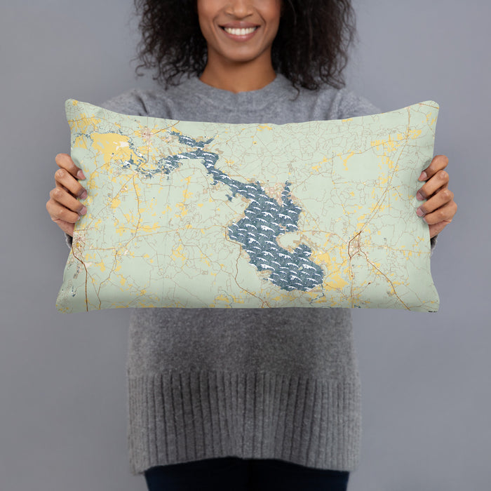 Person holding 20x12 Custom Lake Livingston Texas Map Throw Pillow in Woodblock