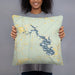 Person holding 18x18 Custom Lake Livingston Texas Map Throw Pillow in Woodblock