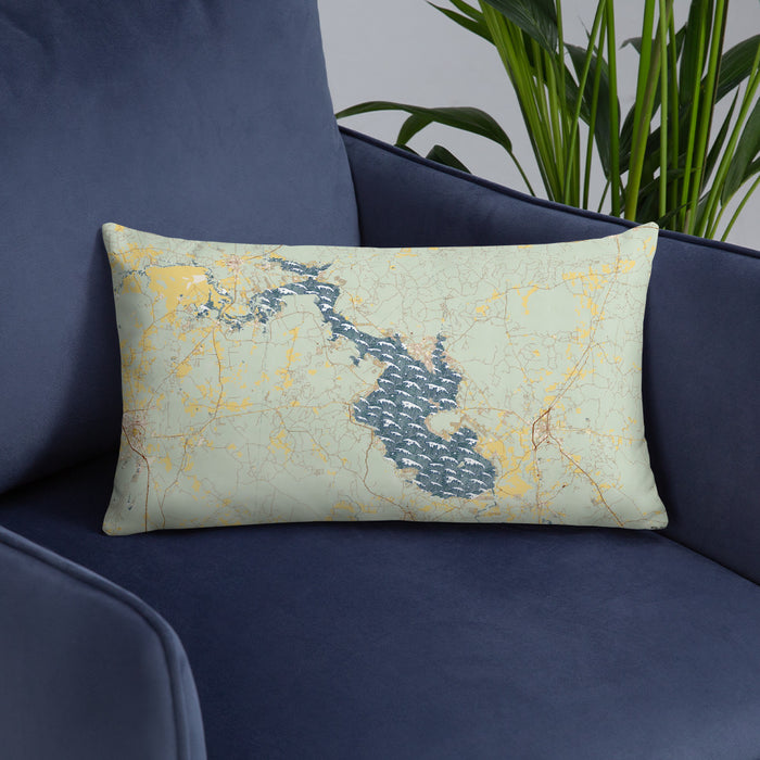 Custom Lake Livingston Texas Map Throw Pillow in Woodblock on Blue Colored Chair