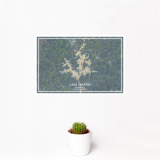 12x18 Lake Martin Alabama Map Print Landscape Orientation in Afternoon Style With Small Cactus Plant in White Planter