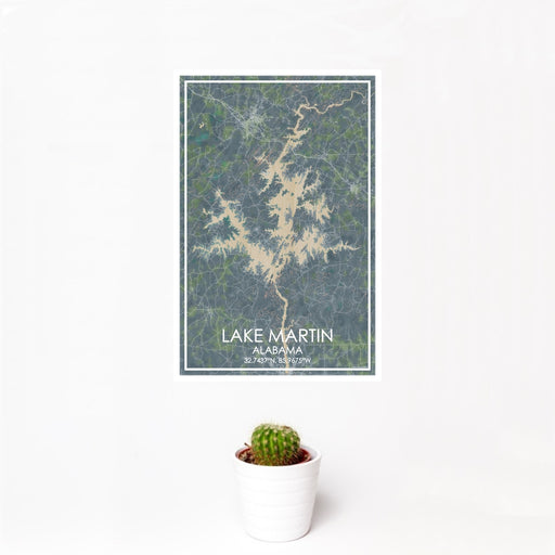 12x18 Lake Martin Alabama Map Print Portrait Orientation in Afternoon Style With Small Cactus Plant in White Planter