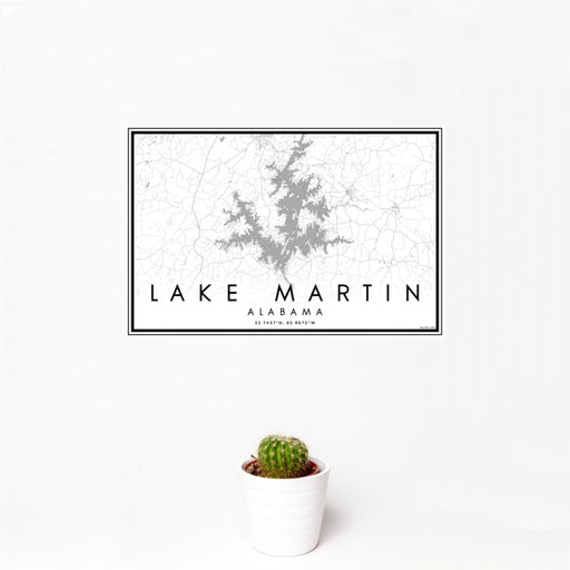 12x18 Lake Martin Alabama Map Print Landscape Orientation in Classic Style With Small Cactus Plant in White Planter