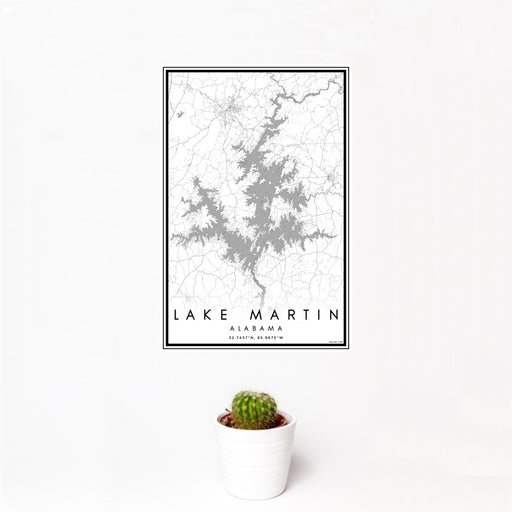 12x18 Lake Martin Alabama Map Print Portrait Orientation in Classic Style With Small Cactus Plant in White Planter