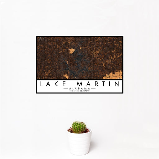 12x18 Lake Martin Alabama Map Print Landscape Orientation in Ember Style With Small Cactus Plant in White Planter