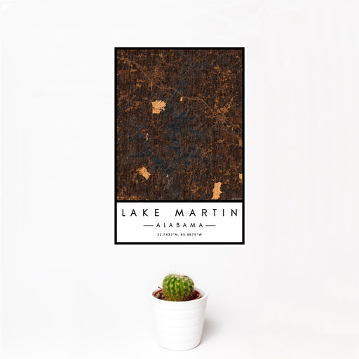 12x18 Lake Martin Alabama Map Print Portrait Orientation in Ember Style With Small Cactus Plant in White Planter