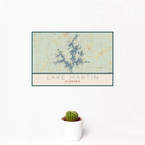 12x18 Lake Martin Alabama Map Print Landscape Orientation in Woodblock Style With Small Cactus Plant in White Planter
