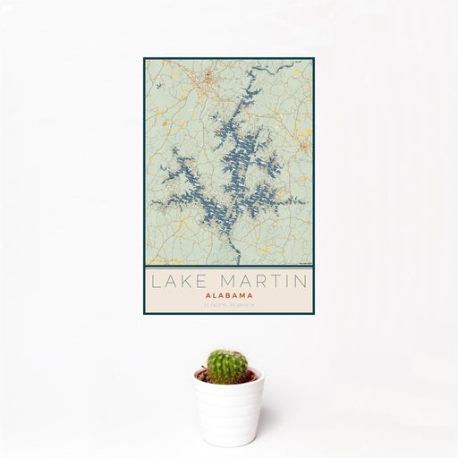 12x18 Lake Martin Alabama Map Print Portrait Orientation in Woodblock Style With Small Cactus Plant in White Planter