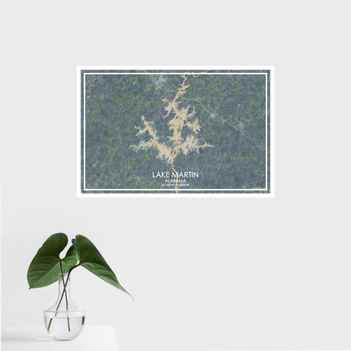 16x24 Lake Martin Alabama Map Print Landscape Orientation in Afternoon Style With Tropical Plant Leaves in Water