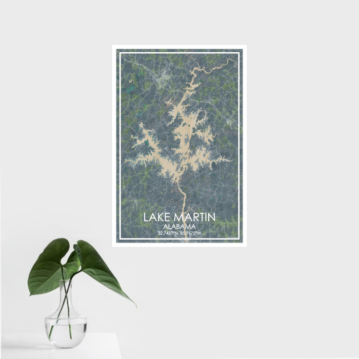 16x24 Lake Martin Alabama Map Print Portrait Orientation in Afternoon Style With Tropical Plant Leaves in Water