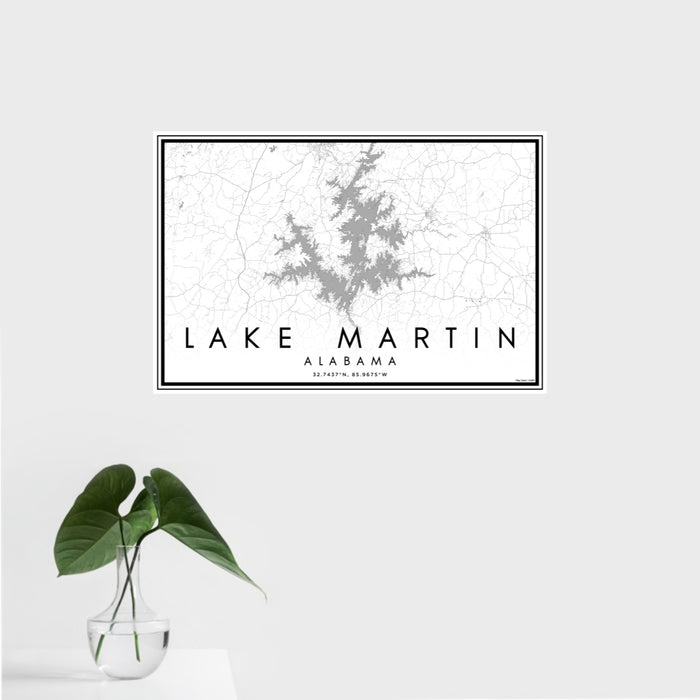 16x24 Lake Martin Alabama Map Print Landscape Orientation in Classic Style With Tropical Plant Leaves in Water