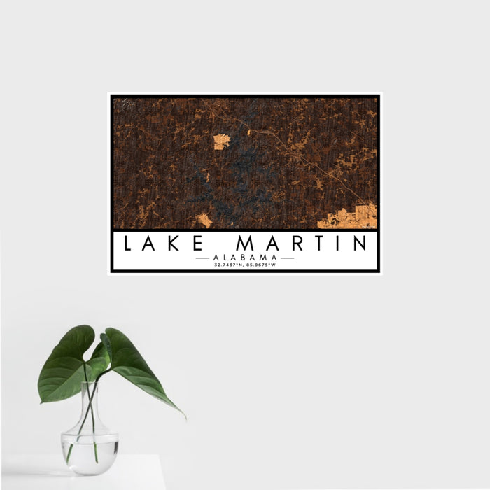 16x24 Lake Martin Alabama Map Print Landscape Orientation in Ember Style With Tropical Plant Leaves in Water