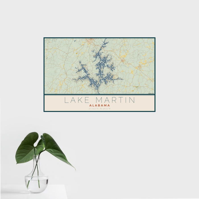 16x24 Lake Martin Alabama Map Print Landscape Orientation in Woodblock Style With Tropical Plant Leaves in Water
