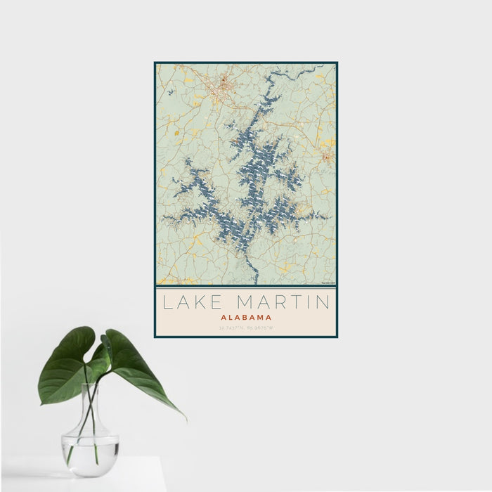 16x24 Lake Martin Alabama Map Print Portrait Orientation in Woodblock Style With Tropical Plant Leaves in Water