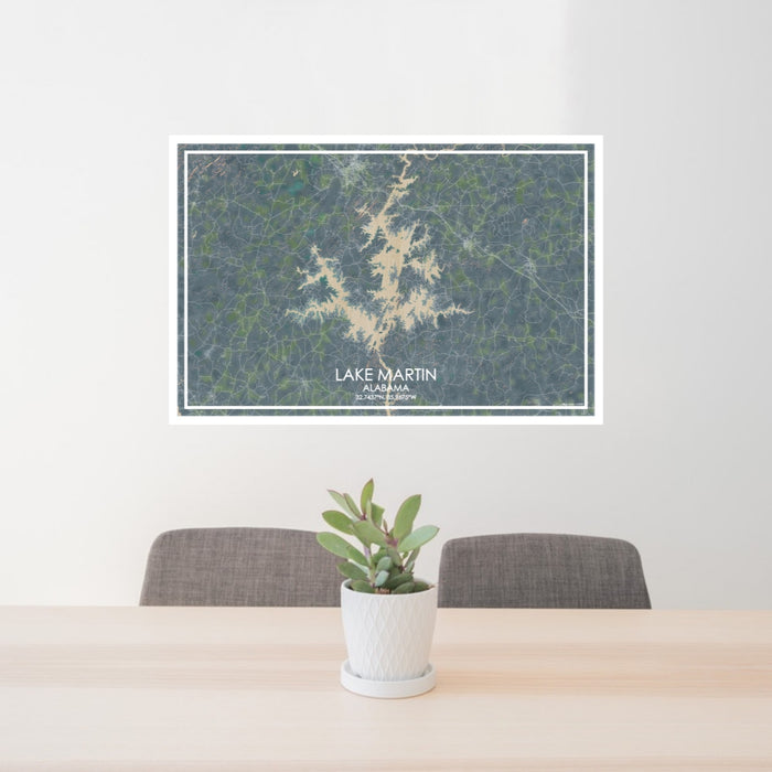 24x36 Lake Martin Alabama Map Print Lanscape Orientation in Afternoon Style Behind 2 Chairs Table and Potted Plant
