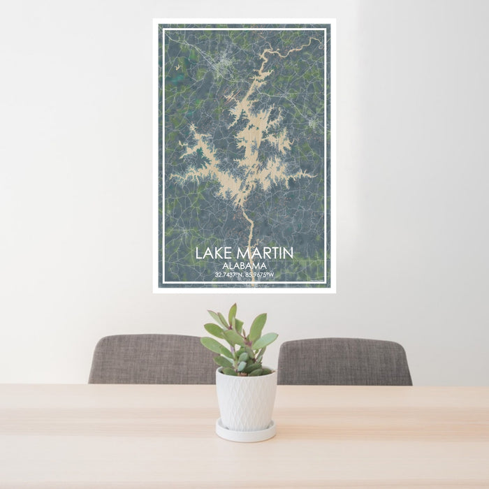 24x36 Lake Martin Alabama Map Print Portrait Orientation in Afternoon Style Behind 2 Chairs Table and Potted Plant