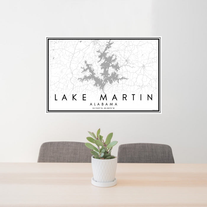 24x36 Lake Martin Alabama Map Print Lanscape Orientation in Classic Style Behind 2 Chairs Table and Potted Plant