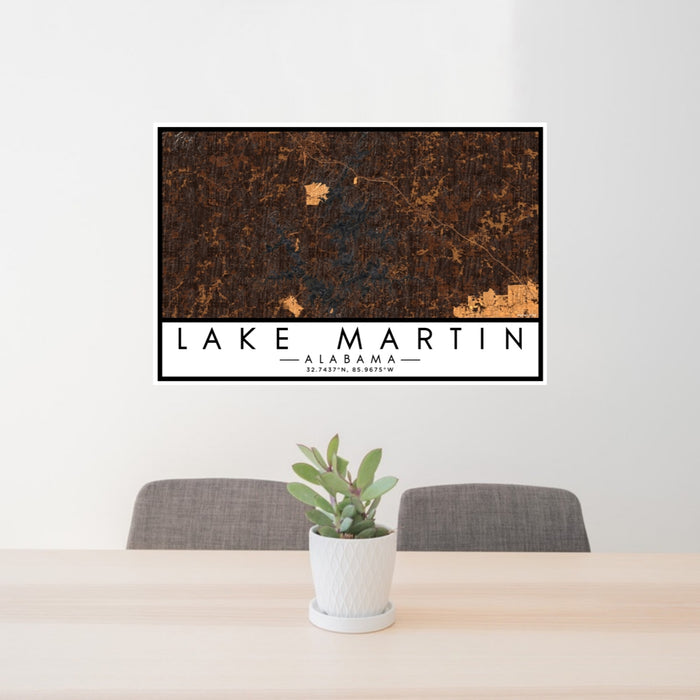 24x36 Lake Martin Alabama Map Print Lanscape Orientation in Ember Style Behind 2 Chairs Table and Potted Plant