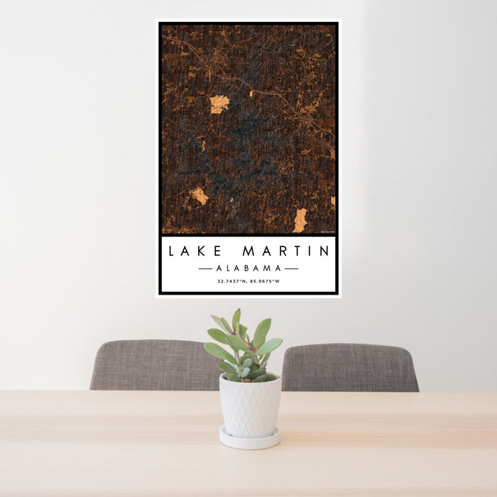 24x36 Lake Martin Alabama Map Print Portrait Orientation in Ember Style Behind 2 Chairs Table and Potted Plant