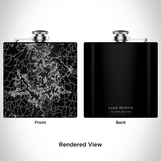 Rendered View of Lake Martin Alabama Map Engraving on 6oz Stainless Steel Flask in Black