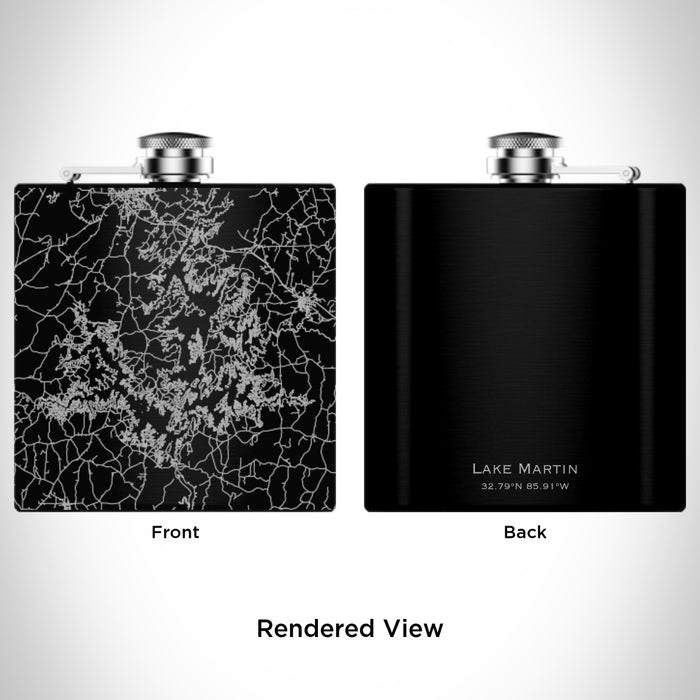 Rendered View of Lake Martin Alabama Map Engraving on 6oz Stainless Steel Flask in Black