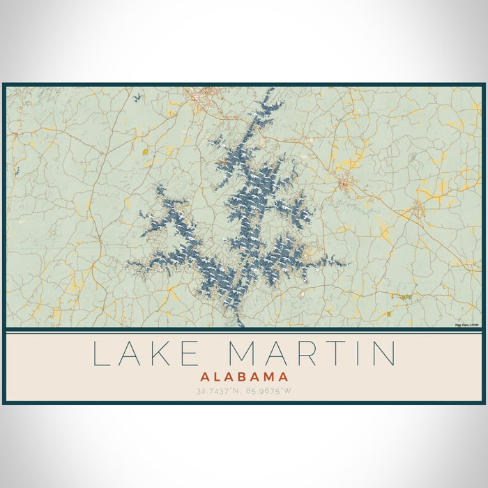 Lake Martin Alabama Map Print Landscape Orientation in Woodblock Style With Shaded Background
