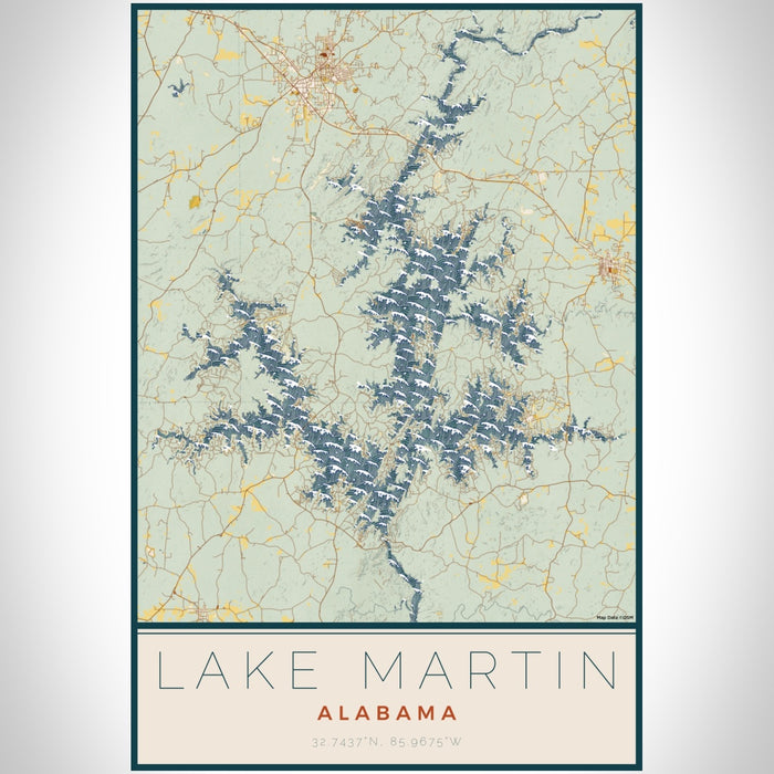 Lake Martin Alabama Map Print Portrait Orientation in Woodblock Style With Shaded Background