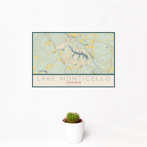 12x18 Lake Monticello Virginia Map Print Landscape Orientation in Woodblock Style With Small Cactus Plant in White Planter
