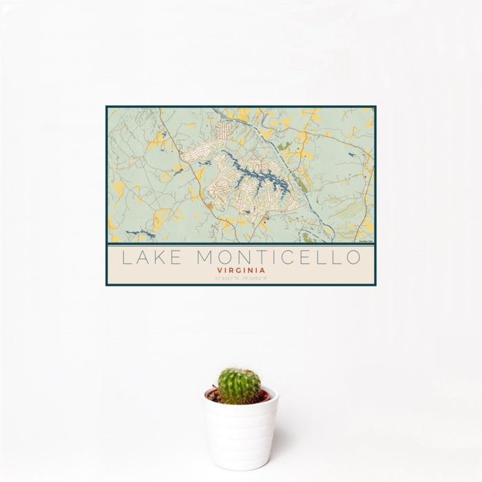 12x18 Lake Monticello Virginia Map Print Landscape Orientation in Woodblock Style With Small Cactus Plant in White Planter