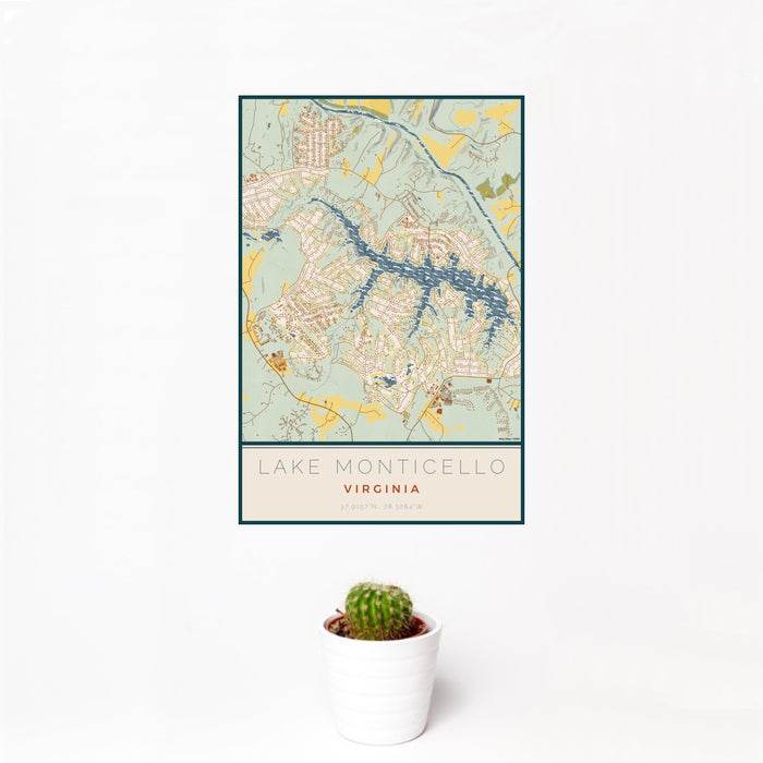 12x18 Lake Monticello Virginia Map Print Portrait Orientation in Woodblock Style With Small Cactus Plant in White Planter