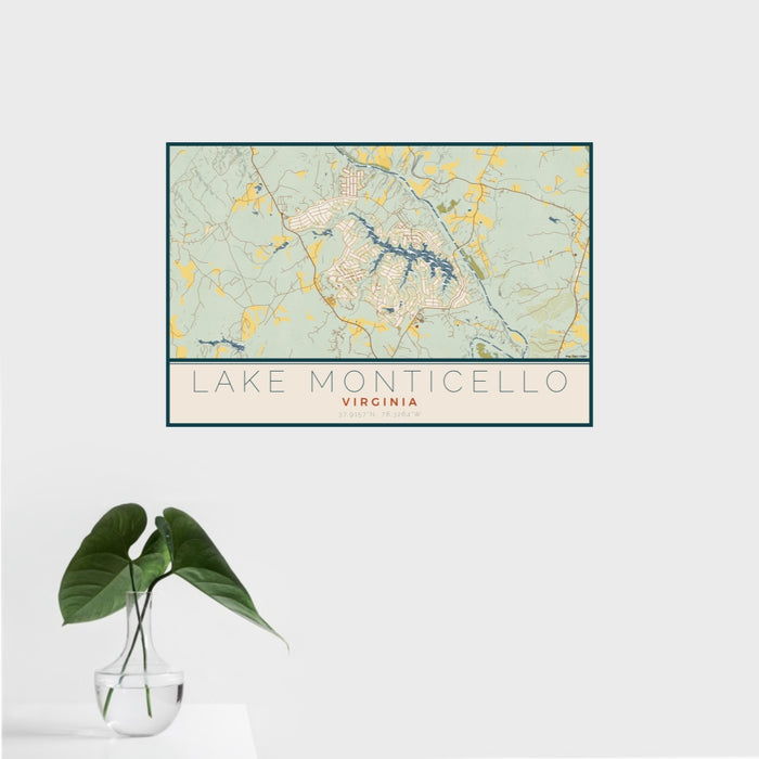 16x24 Lake Monticello Virginia Map Print Landscape Orientation in Woodblock Style With Tropical Plant Leaves in Water