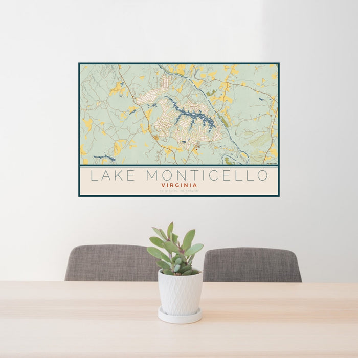 24x36 Lake Monticello Virginia Map Print Lanscape Orientation in Woodblock Style Behind 2 Chairs Table and Potted Plant