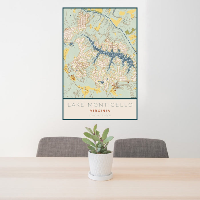 24x36 Lake Monticello Virginia Map Print Portrait Orientation in Woodblock Style Behind 2 Chairs Table and Potted Plant