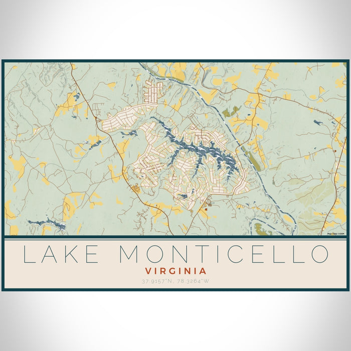 Lake Monticello Virginia Map Print Landscape Orientation in Woodblock Style With Shaded Background