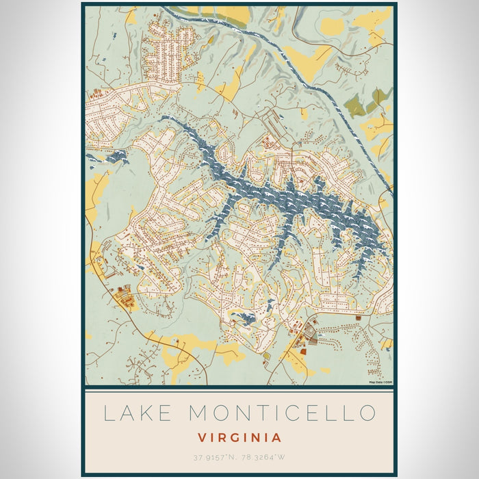 Lake Monticello Virginia Map Print Portrait Orientation in Woodblock Style With Shaded Background