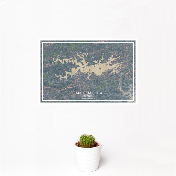 12x18 Lake Ouachita Arkansas Map Print Landscape Orientation in Afternoon Style With Small Cactus Plant in White Planter