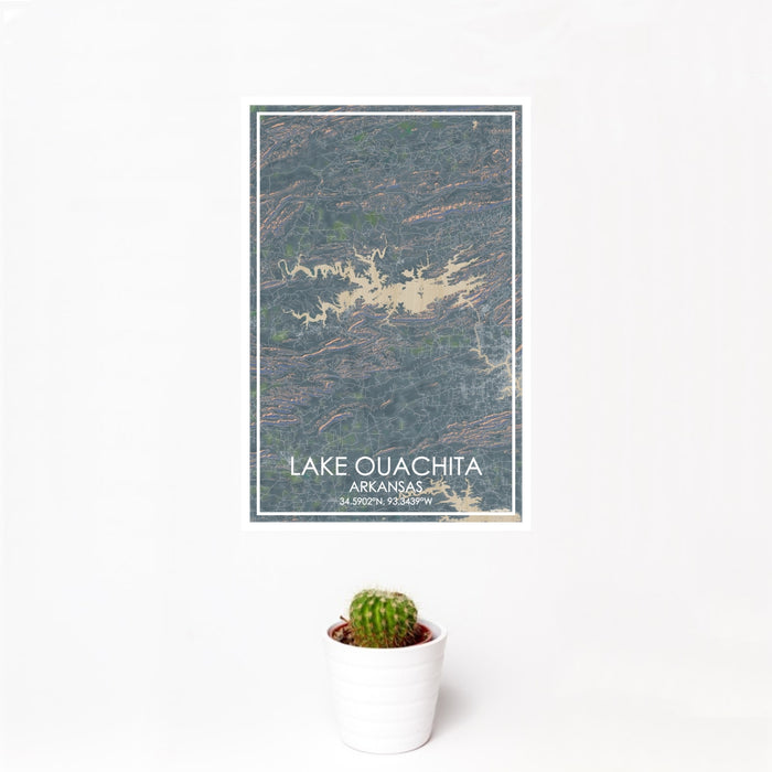 12x18 Lake Ouachita Arkansas Map Print Portrait Orientation in Afternoon Style With Small Cactus Plant in White Planter