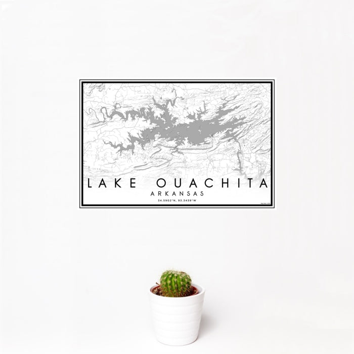 12x18 Lake Ouachita Arkansas Map Print Landscape Orientation in Classic Style With Small Cactus Plant in White Planter