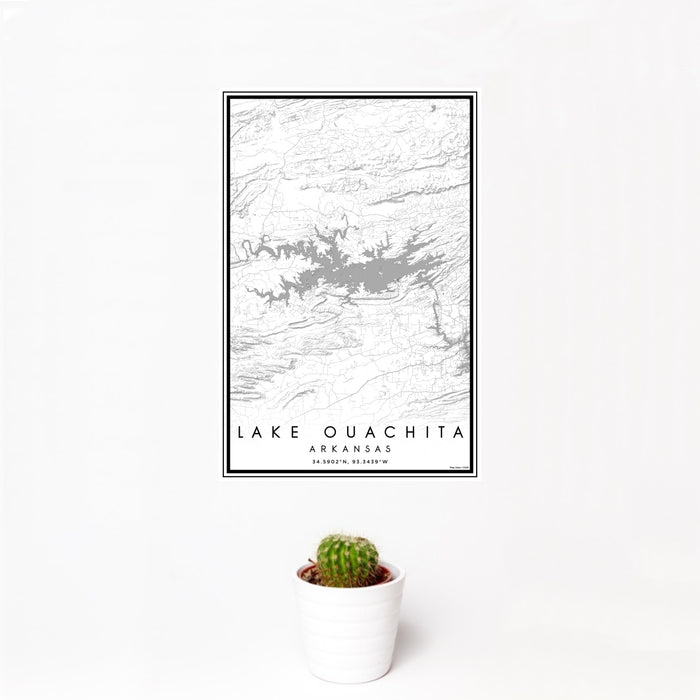 12x18 Lake Ouachita Arkansas Map Print Portrait Orientation in Classic Style With Small Cactus Plant in White Planter
