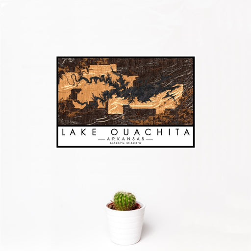 12x18 Lake Ouachita Arkansas Map Print Landscape Orientation in Ember Style With Small Cactus Plant in White Planter
