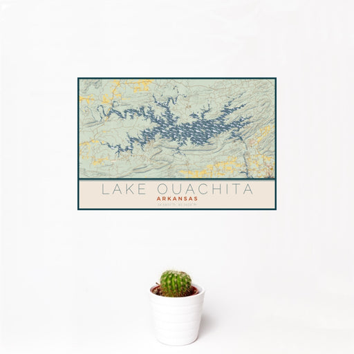 12x18 Lake Ouachita Arkansas Map Print Landscape Orientation in Woodblock Style With Small Cactus Plant in White Planter