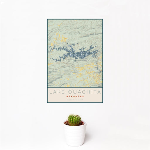 12x18 Lake Ouachita Arkansas Map Print Portrait Orientation in Woodblock Style With Small Cactus Plant in White Planter